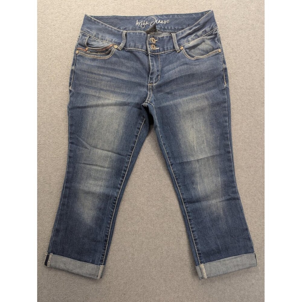 Ariya Jeans Juniors 7/8 Blue Low Rise Capri Cuffed Sequin Flap Stretch Denim